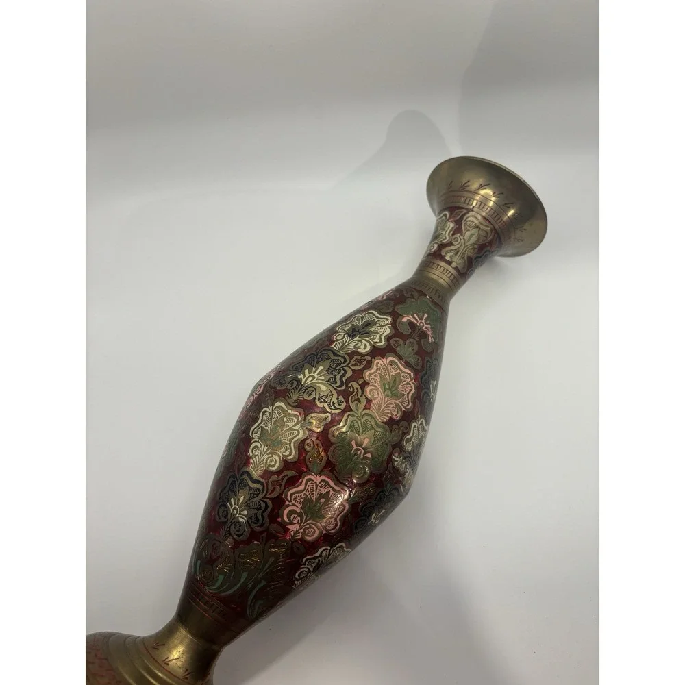 Vintage Indian Brass Vase Ornate Enameled Etched Floral Boho Red Green Gold